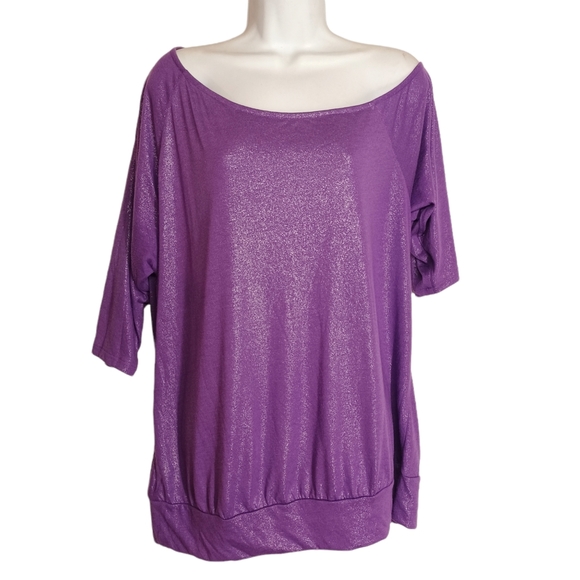 TWIST TEES Purple Shimmer Glitter Boat Neck Asymmetrical Hem Top 1 (1X) - Picture 1 of 7